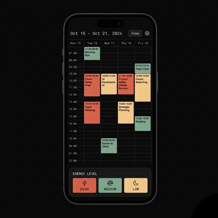 Eôs Schedule view with color-coded time blocks and energy level selector